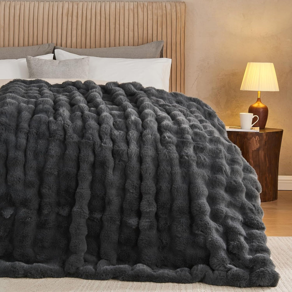 Lotus Karen Queen Size Faux Fur Blanket Dark Gray - Big Bubble Rabbit Fluff T...