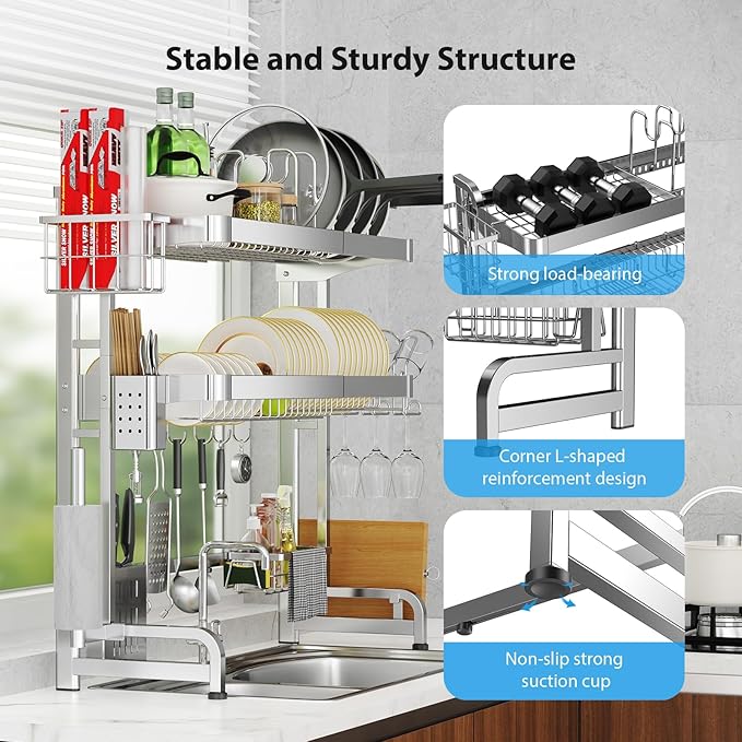 Over The Sink Dish Drainer Drying Rack, Full Stainless Steel 3-Tier Adjustable - Image 2