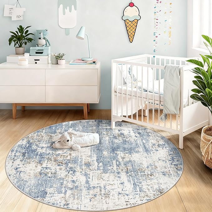 XLUEZ Round Rug 4ft for Bedroom, Washable Modern Abstract Circle Rug Neutral - Image 3