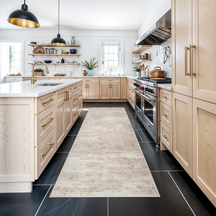 Rug Runner 3x8 for Hallway: Washable Non Slip Kitchen Entryway Carpet Low Plie Stain Resistant Rugs for Laundry Bedroom Indoor Foldable Modern Abstract Home Decor Floor Mat for Bathroom 3X8 Beige