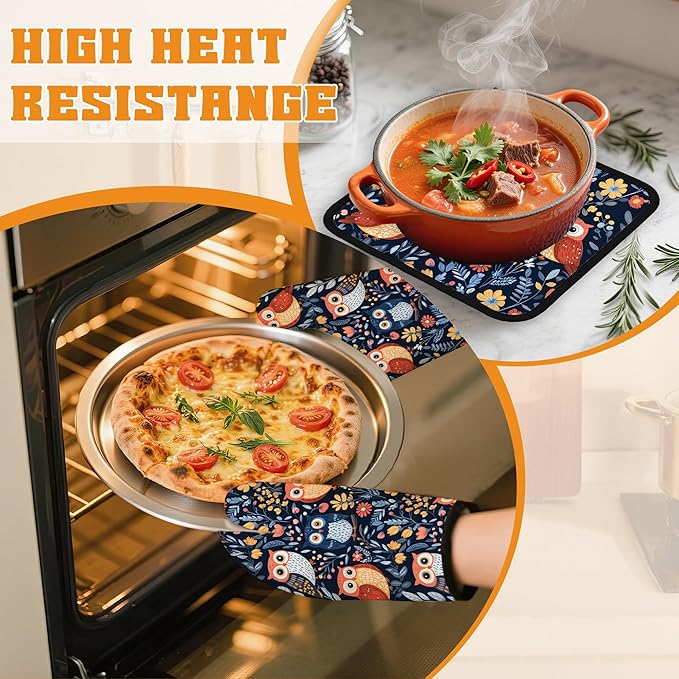 Colorful Cute Owl Oven Mitts and Pot Holders, Heat Resistant Oven Mitts Gloves - Image 6