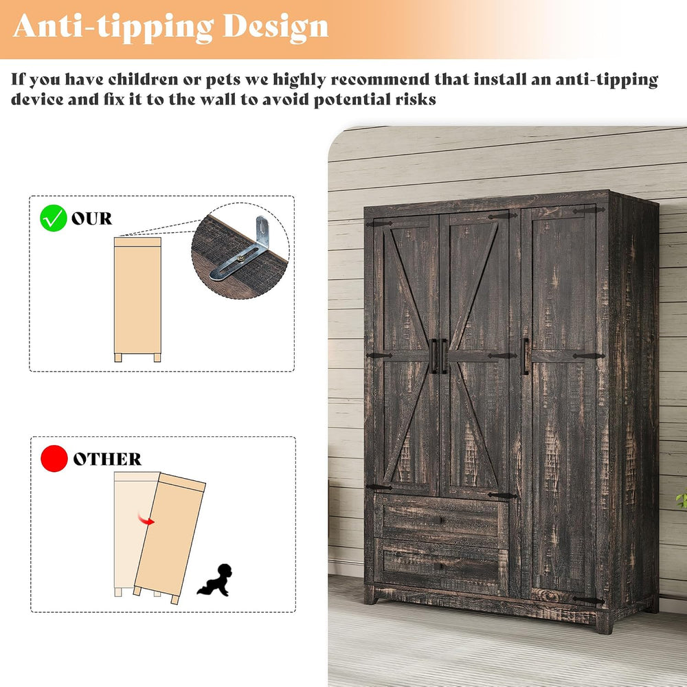 AMERLIFE Farmhouse 3 Door Wardrobe Closet with 2 Drawers & Hanging Rod