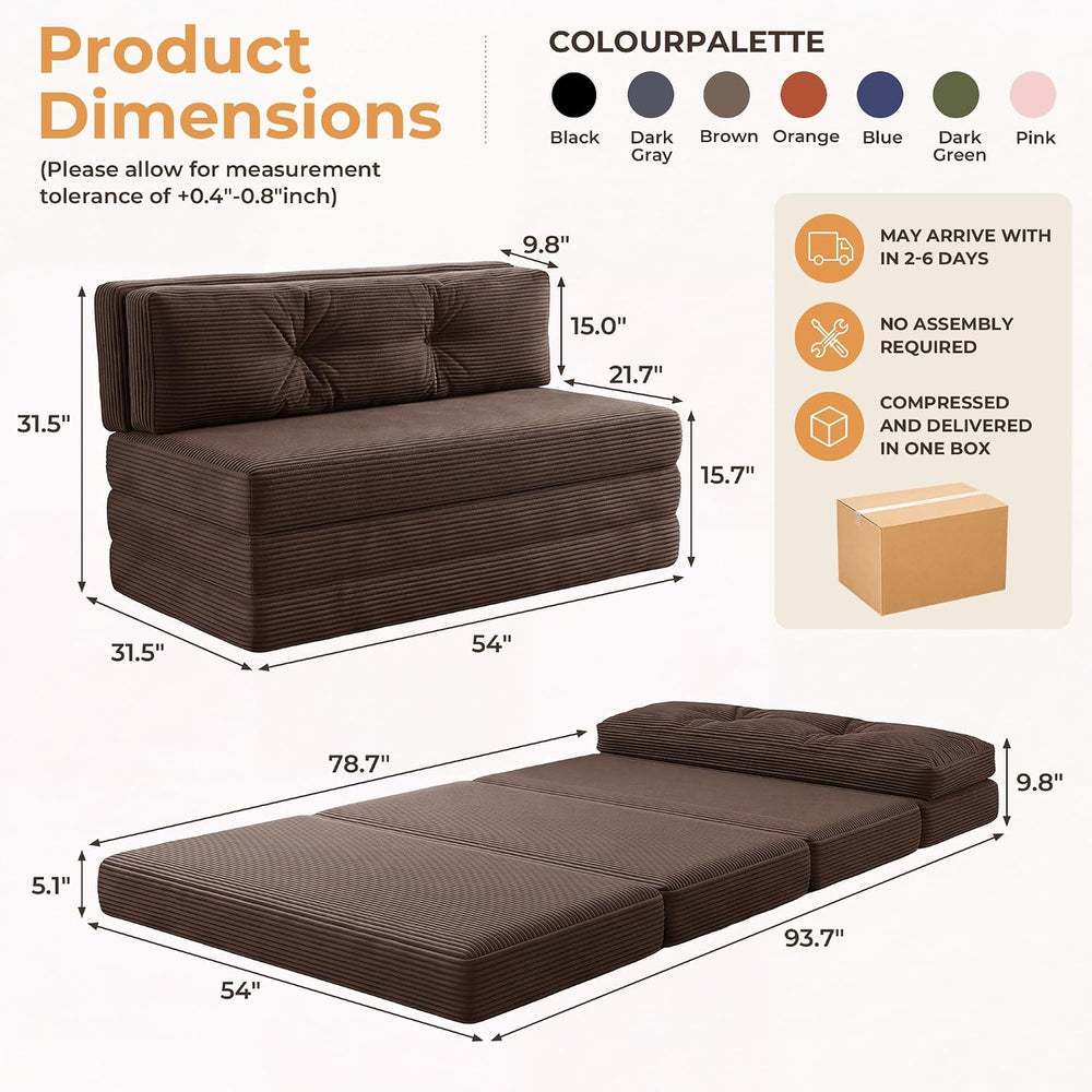 54" Folding Sofa Bed, 3-in-1 Convertible Futon, Tri-Fold Boneless Couch