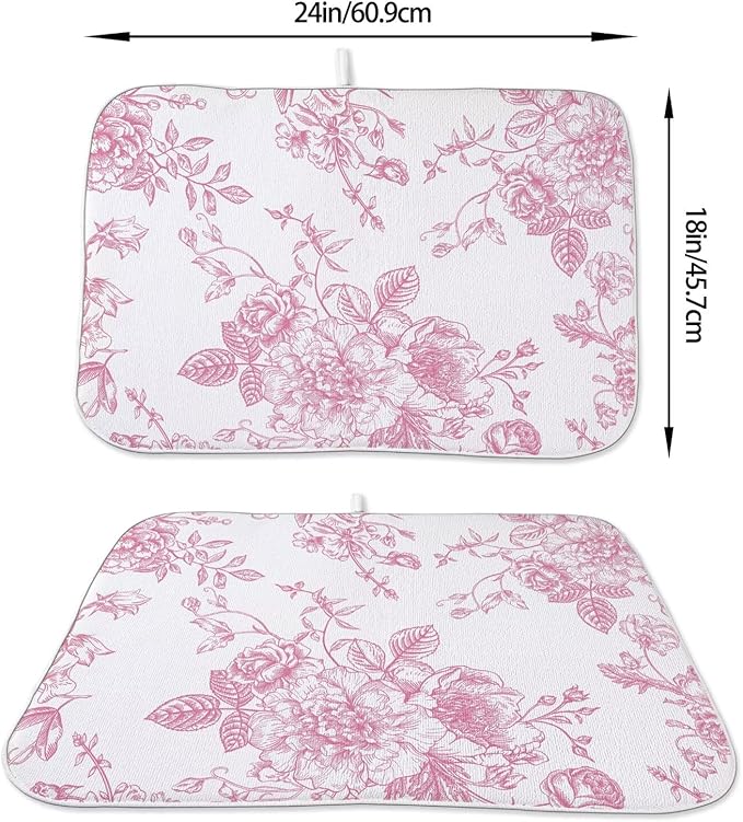 Pink Chinoiserie Floral Dish Drying Mat 18 x 24 inch Vintage Flower Decorative - Image 2