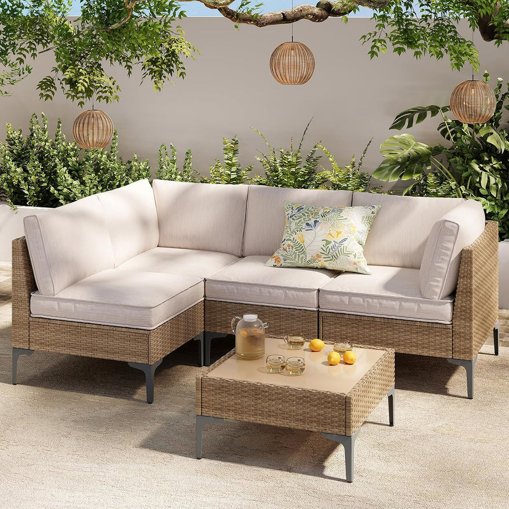 5-Piece Patio Furniture Set, Outdoor Wicker Sectional Sofa with Coffee Table,...