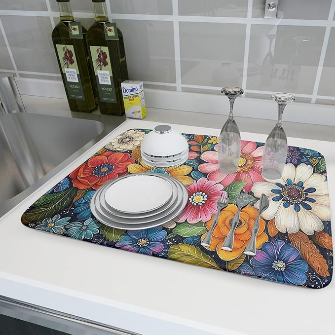 Giwawa Boho Flower Dish Drying Mat, Colorful Floral Leaf Dish Drainer Mats - Image 6