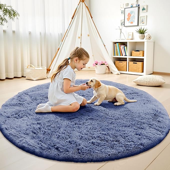 OLANLY Denim Blue Round Rugs for Bedroom - Image 2