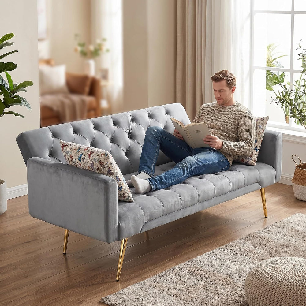 Velvet Convertible Futon Couch Bed with 2 Throw Pillows, Dark Gray
