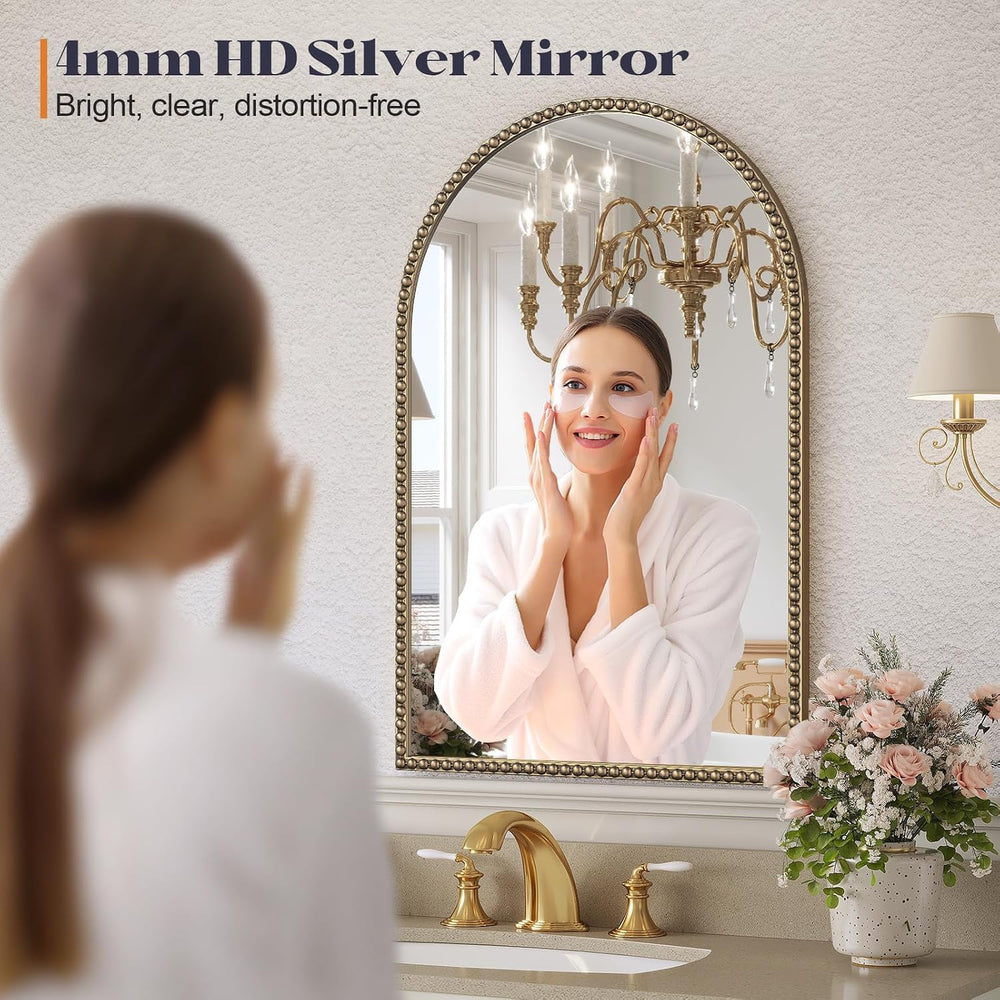 Beaded Arched Mirror for Wall, 30"x40" Gold Arch Brass Bathroom Mir...