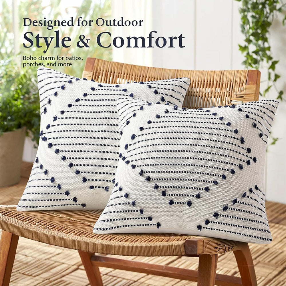 Mecatny Boho Outdoor Throw Pillow Covers 20x20 Set of 2 Navy & Cream White