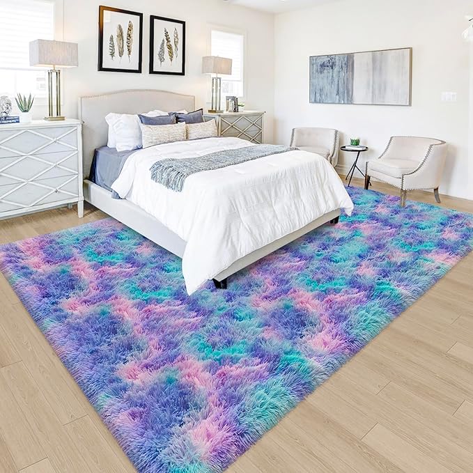 Tie-Dye Purple Rainbow Rug for Living Room 5x8ft Fluffy Modern Shag Area Rug by JiaoBaba