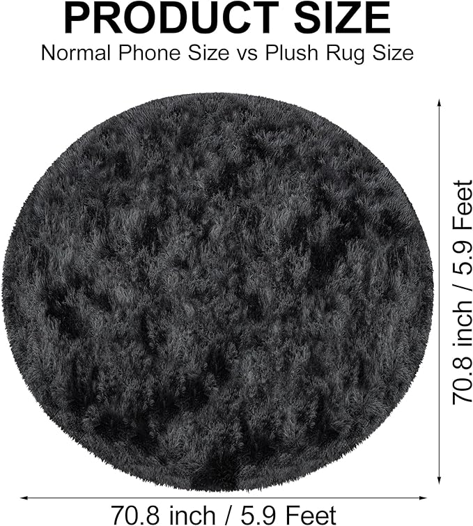6x6 ft Tie Dye Black Round Rug for Bedroom Room Fluffy Circle Rug Furry Carpet - Image 2