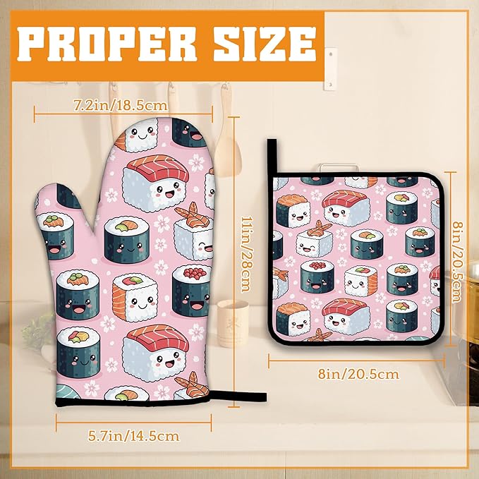 Cute Sushi Roll Japanese Oven Mitts and Pot Holders Set, Kitchen Decor Heat - Image 2