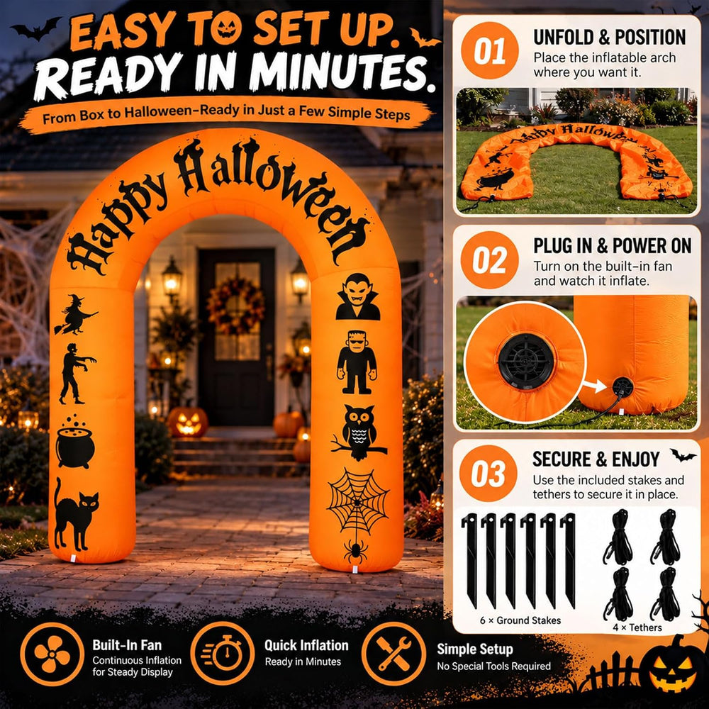 8FT Halloween Inflatable Arch with LED Lights, Orange, Happy Halloween Archwa...