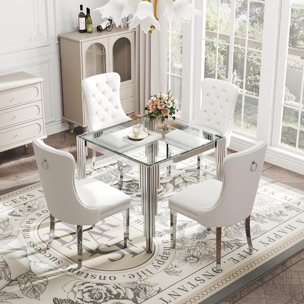 Modern Square Glass Dining Table for 4 People, Compact 37" Clear Tempere...