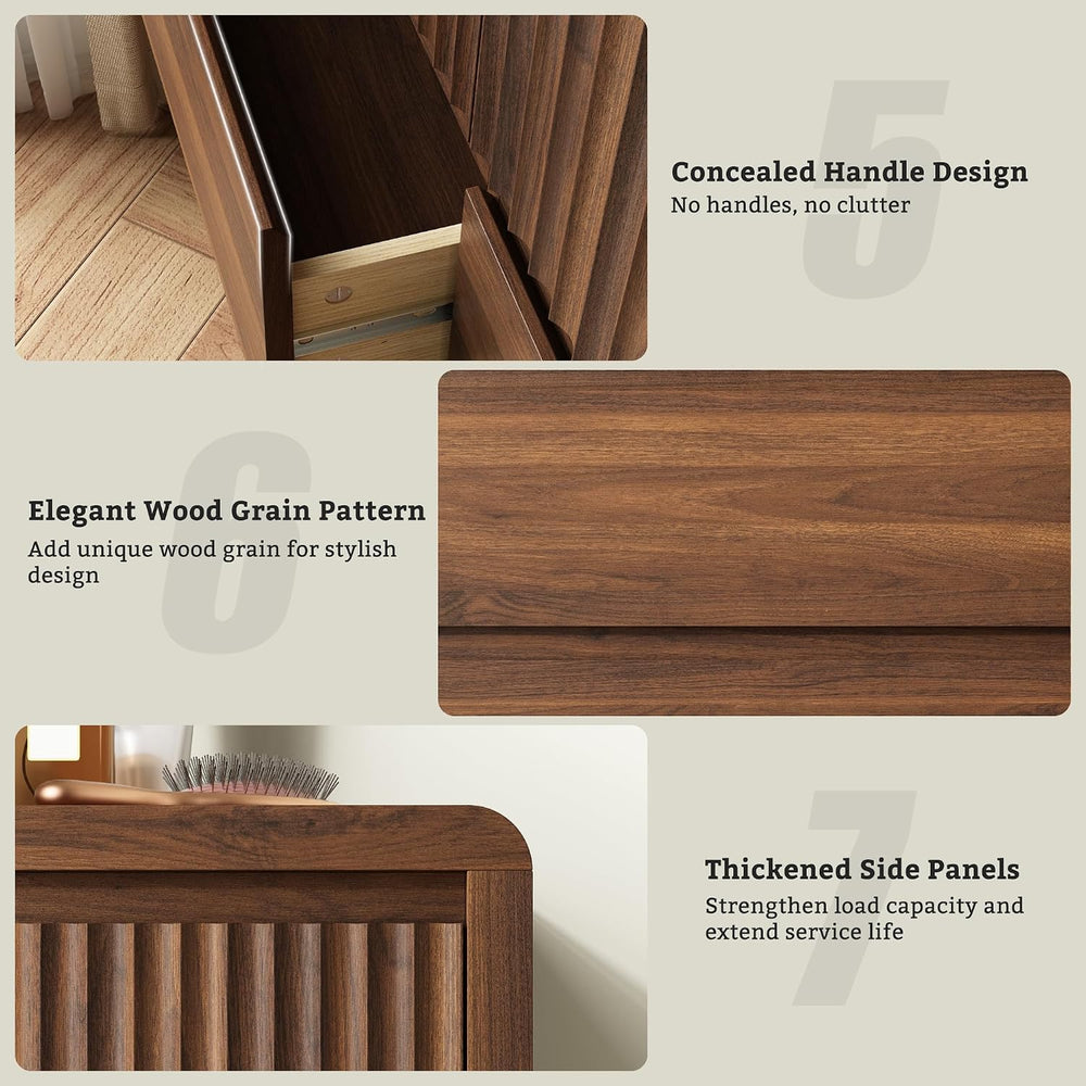 LYNSOM Walnut Fluted 9 Drawer Dresser for Bedroom, Curved Edge, 50" Wide