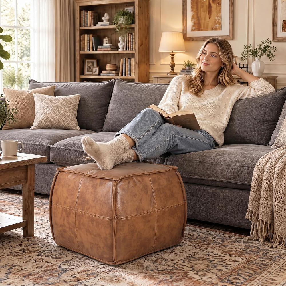 Genuine Leather Square Ottoman,Pouf for Living Room (Brown, Square)