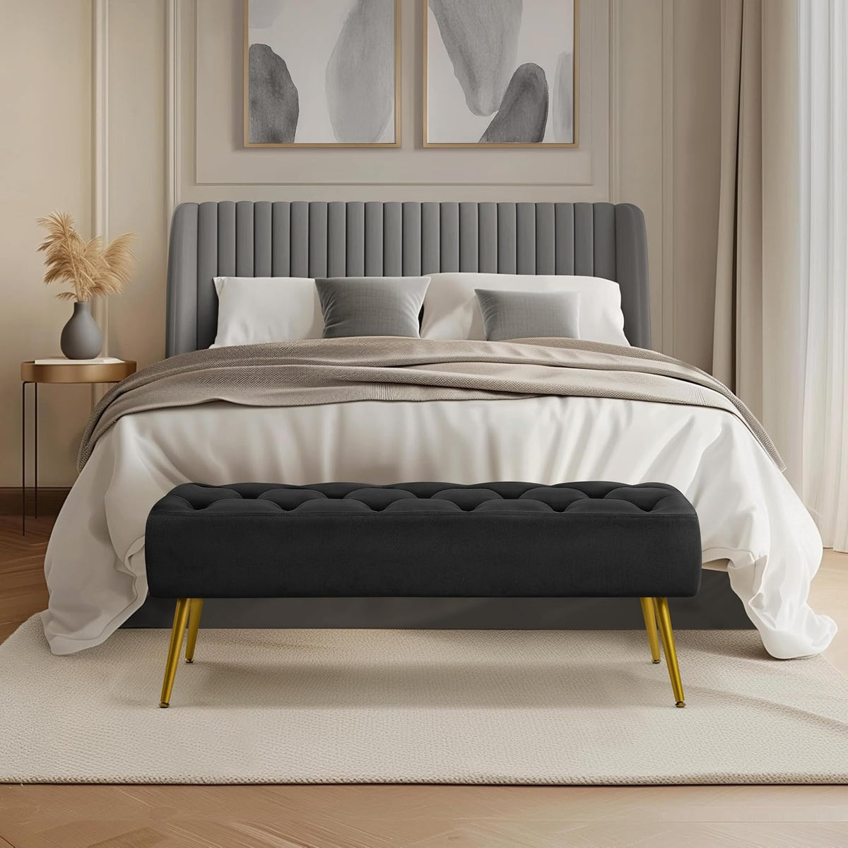 yaheetech 45" ottoman bench for bedroom, upholstered boucle shown in use