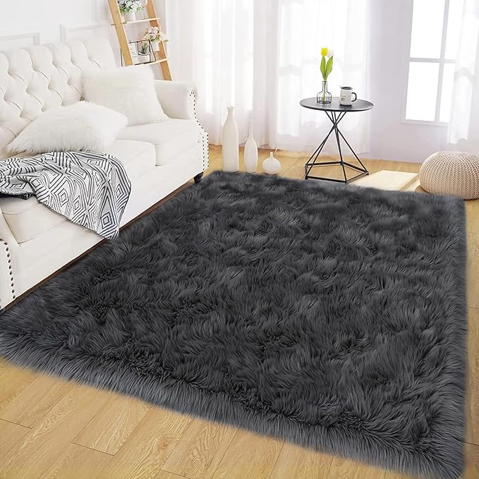 Latepis Dark Grey Rugs 6x8 Area Living Room Faux Sheepskin Fur Rug - Image 7