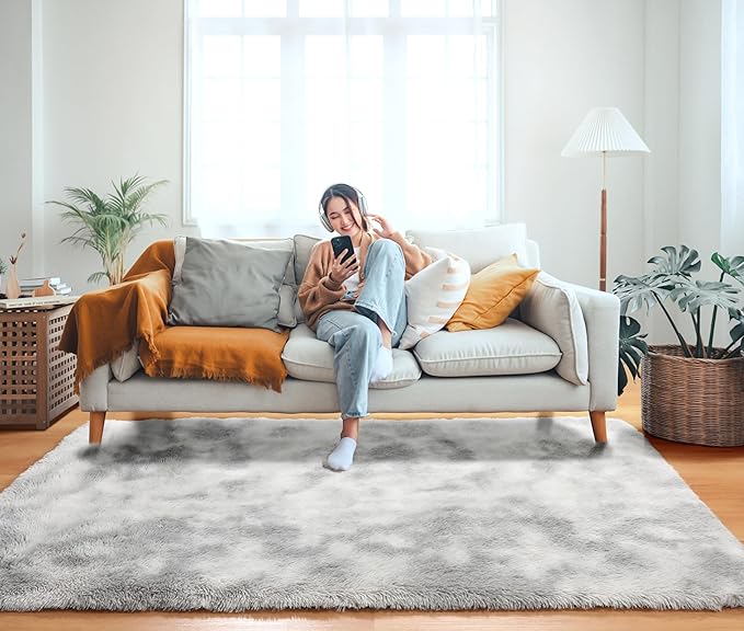 ONASAR Area Rugs for Bedroom Living Room, 4x6 Tie-Dyed Light Grey Fluffy Shaggy - Image 5