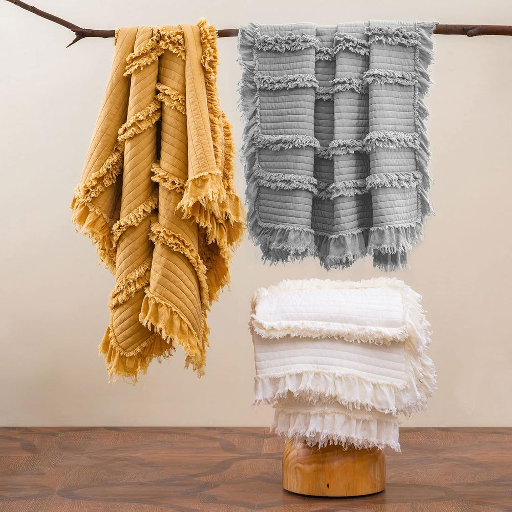 Ultra Soft Pre-Washed Warm Quilted Throw Blanket, Ruffle Fringed Yellow Boho ...