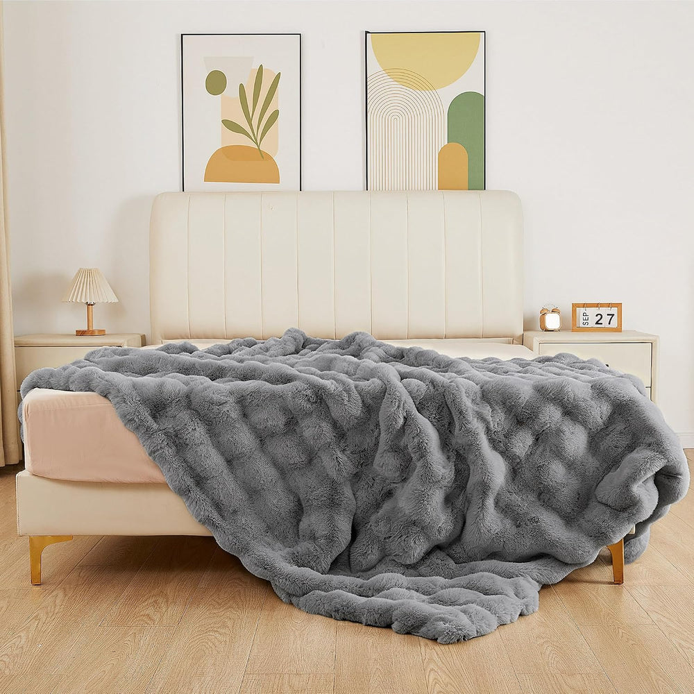 Gray Blanket Twin Size 60x80 Soft Fluffy Faux Fur Bed Cover Fuzzy Plush Bubbl...