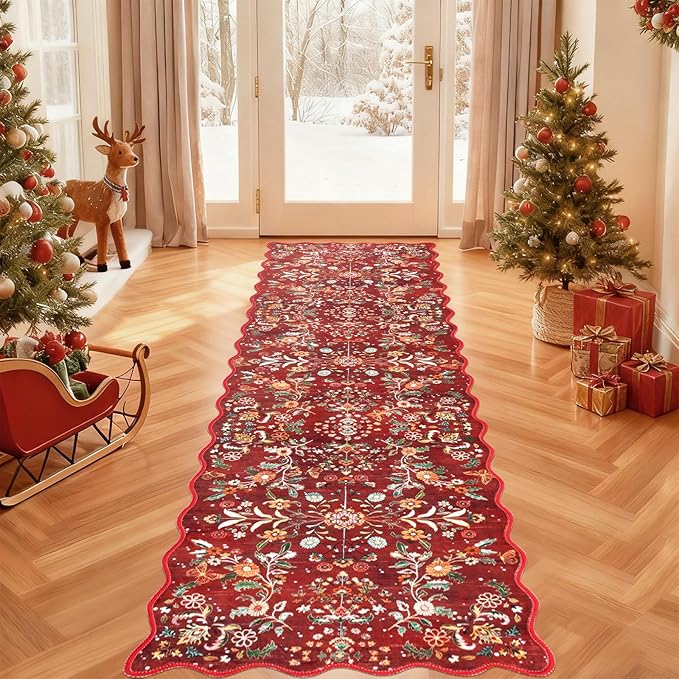 Yamaziot Christmas Runner Rug 2x8 – Red Floral Washable Non-Slip Carpet Runner - Image 9