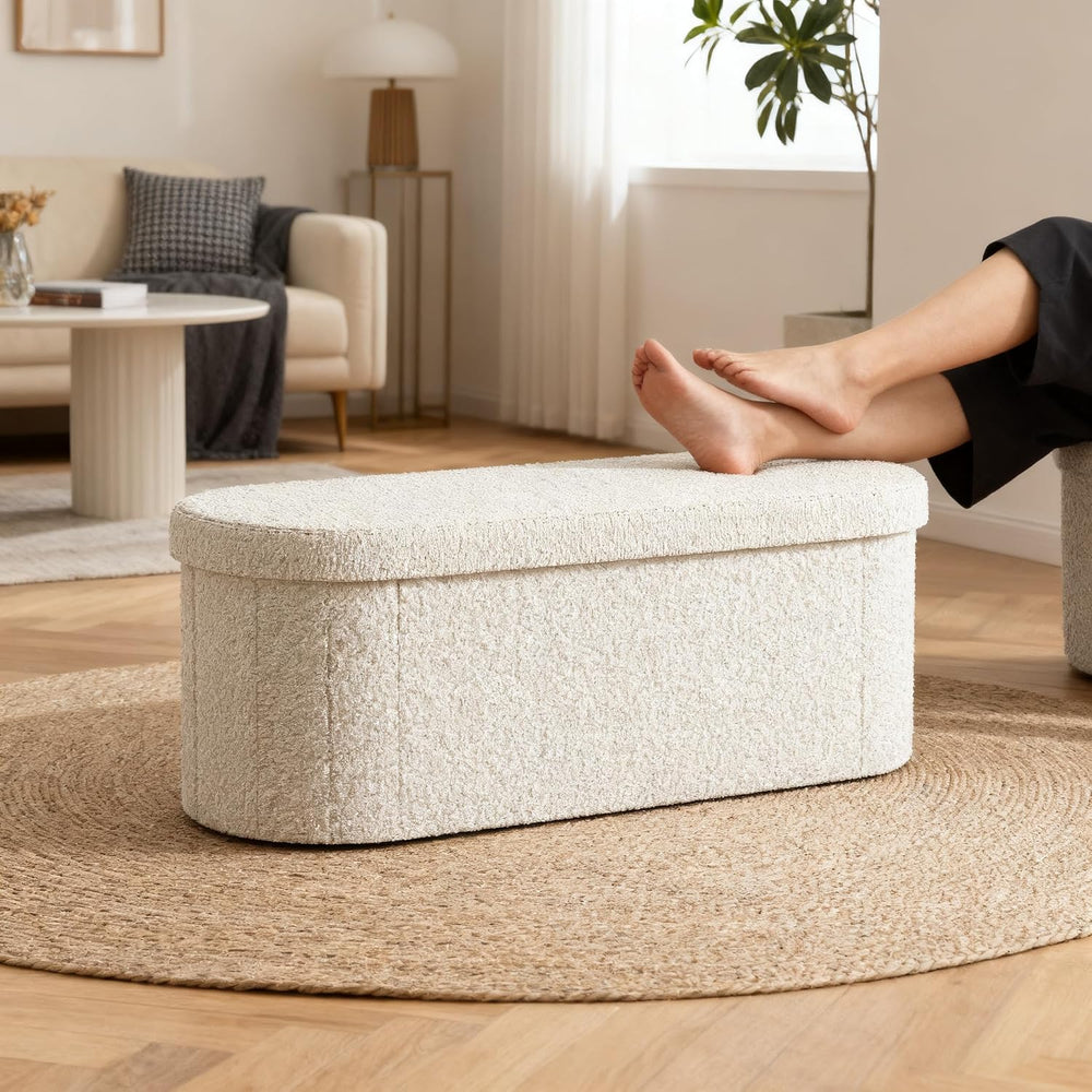 GLAXYFUR Oval Ottoman with Storage for Living Room, Sherpa Bench, Beige | 43....