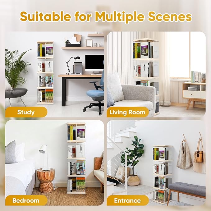 FAHKNS 4 Tier Rotating Bookshelf,360°Display Floor Standing Bookcase,Book Shelf for Small Space Revolving Bookcase for Office Bedroom Living Room,Rectangular