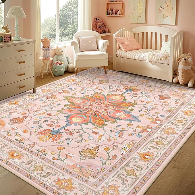 Area Rugs 8'x10' Washable Non-Slip, Floral Vintage Distress Print Pattern - Image 3