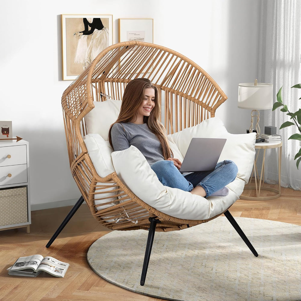 Outdoor Wicker Egg Chair with Pillow and Cushion Oversized Lounge Chairs