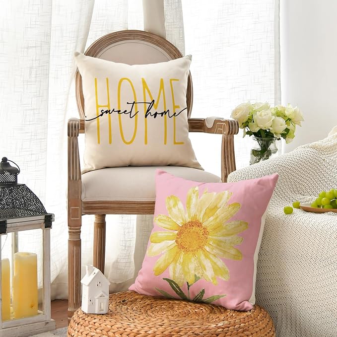 AVOIN colorlife Home Sweet Home Spring Summer Flowers Pink Throw Pillow Covers - Image 3