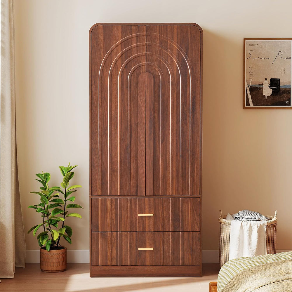 ORRD Freestanding Armoire Wardrobe Closet with Arched Fluted 2 Doors and 2 St...