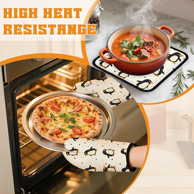 Cute Penguin Oven Mitts and Pot Holders Set, Kitchen Decor Heat Resistant Non - Image 6