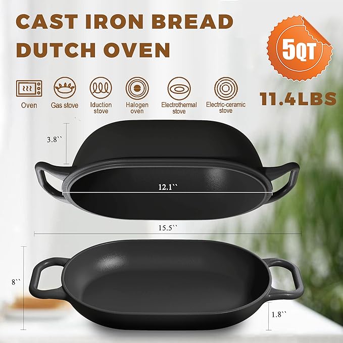 Oval Dutch Oven for Bread Baking 12 x 8 Inch, Pre-Seasoned Cast Iron Bread Oven - Image 3