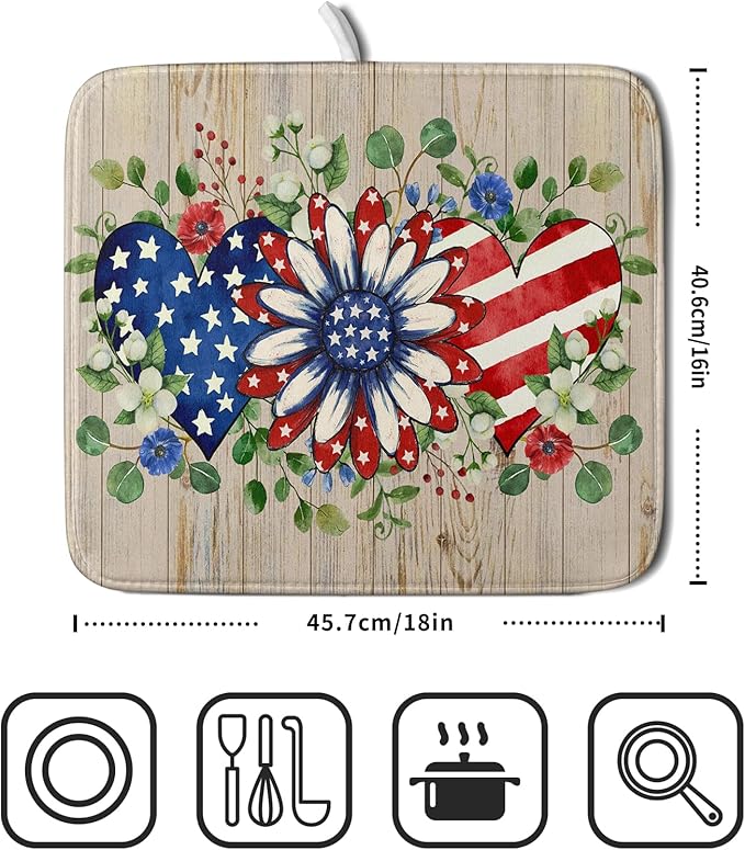 Independence Day Dish Drying Mat 16x18 inch Patriotic Love Heart Fast Dry - Image 2