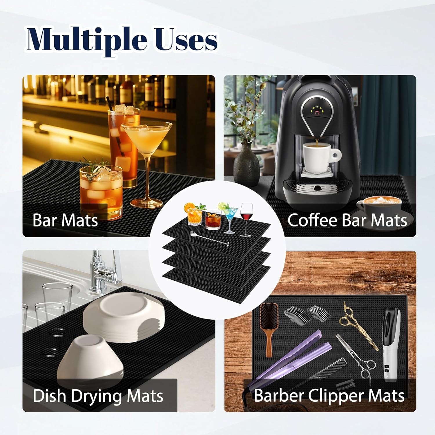 4 Pack Rubber Bar Mats for Countertop 18x12 Inch Black Silicone Bar Coffee Mat for Bartending Dish Drying Matt Home Bars Counter Cocktail Non Spill Mat for Bartender Bar Service Table Top Accessories