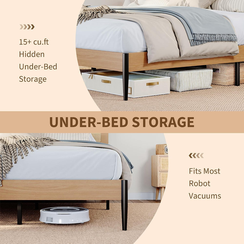 Queen Rattan Bed Frame, Woven Headboard, Wood Platform, No Box Spring