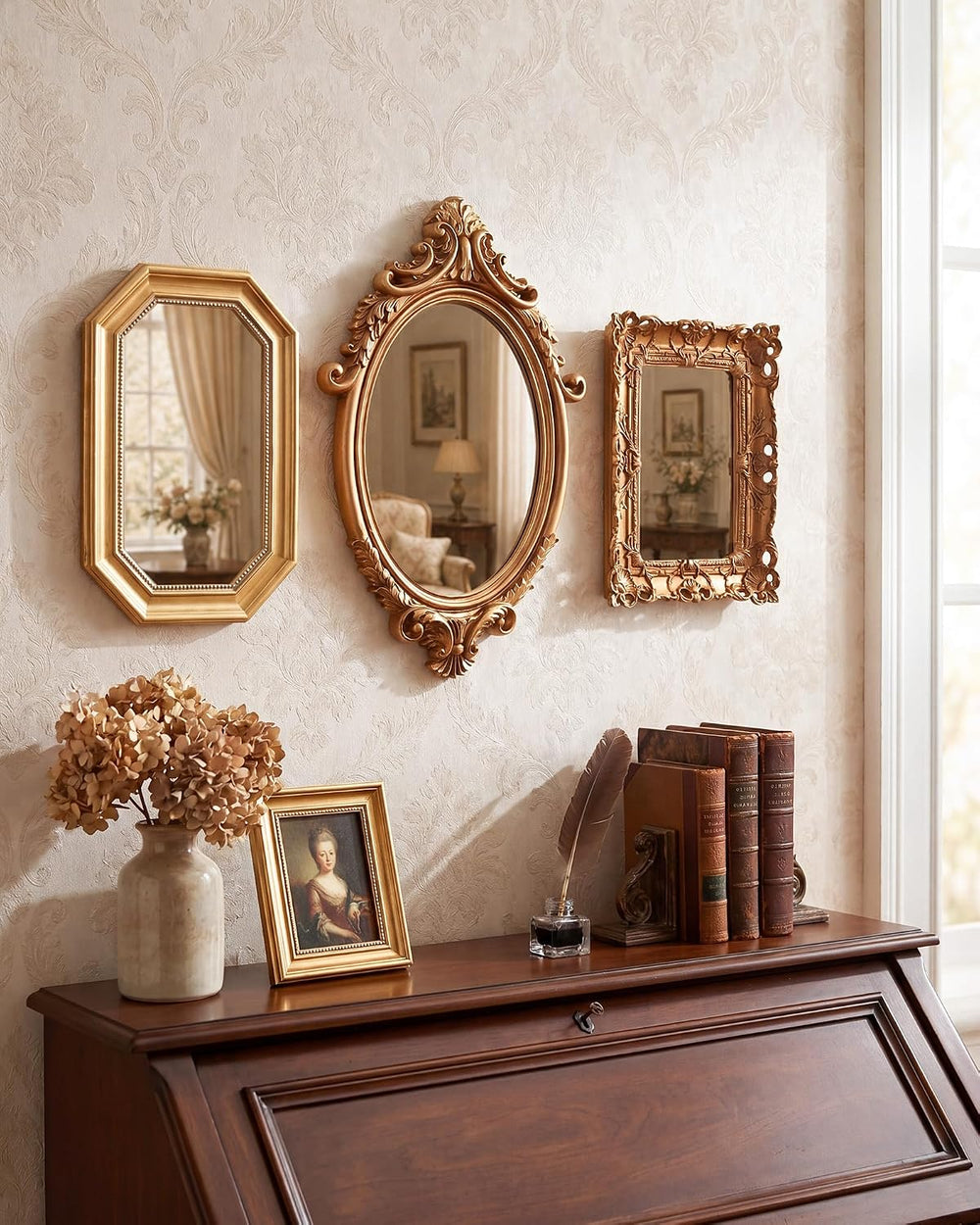3 Pcs Vintage Gold Wall Mirror Set, Court Baroque Style