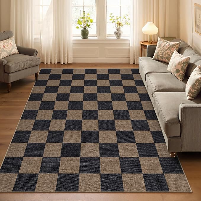 Lahome Checkered Easy Jute Living Room Rugs, 5x7 Black Dining Room Office Rug - Image 3