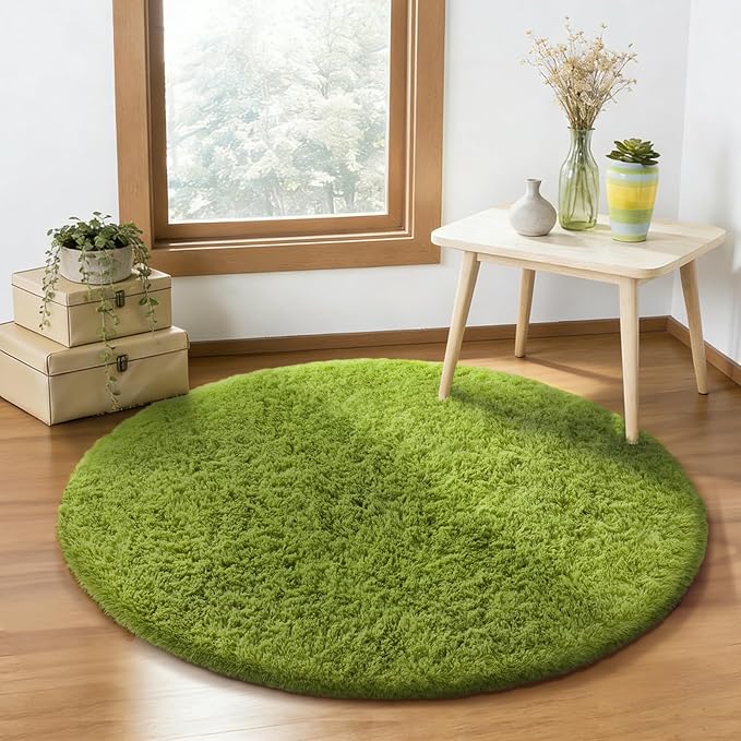 Ophanie Green Round Rug 4Ft Circle Area Rug, Fluffy Fuzzy Bedroom Carpet by Ophanie
