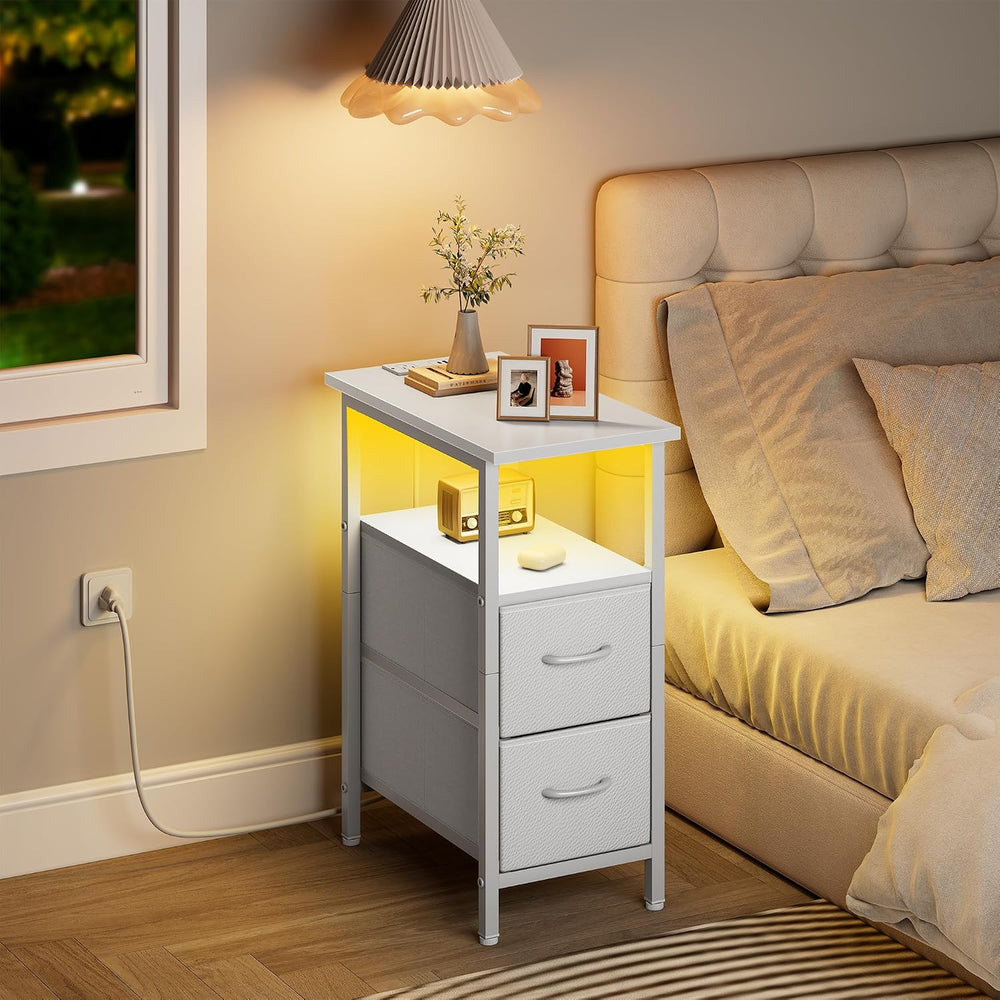 Vagusicc White Nightstand with Charging Station and LED Lights, Narrow Side T...