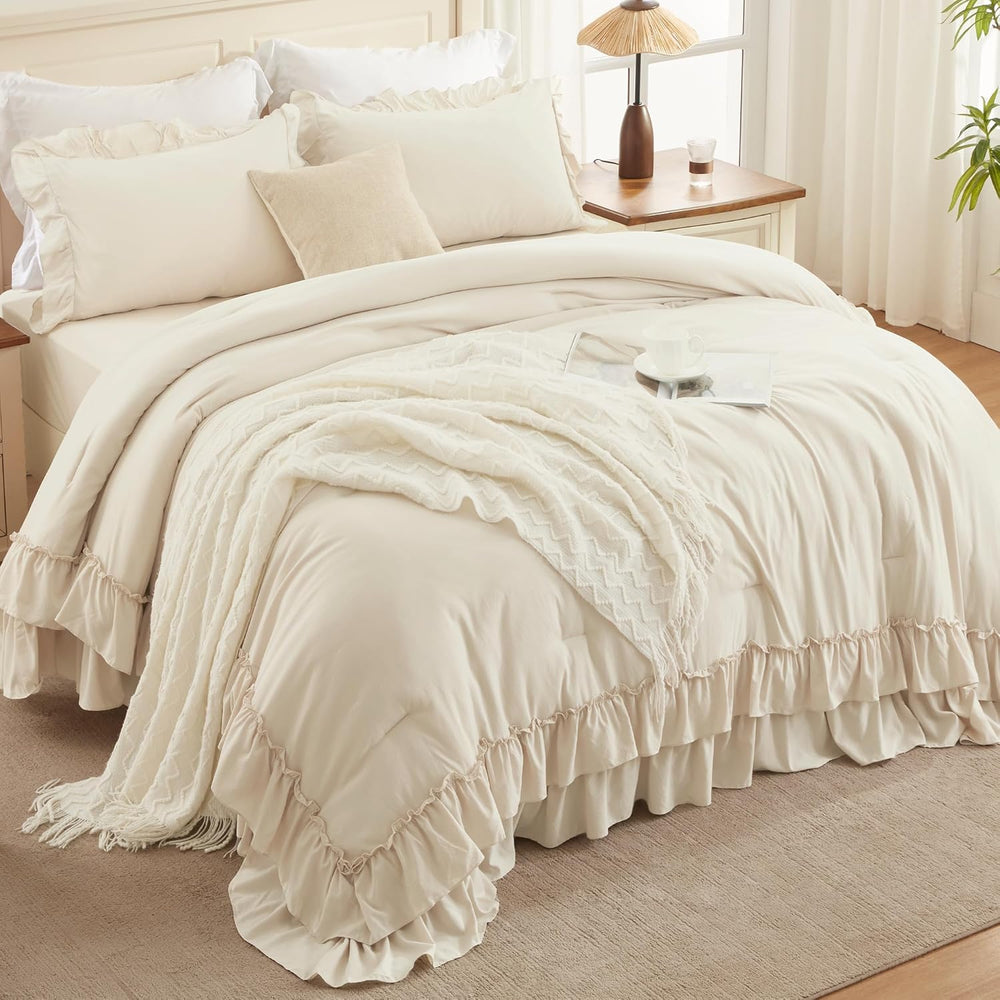 Andency Beige Ruffle Comforter Set King, 3 Pieces Solid Bedding