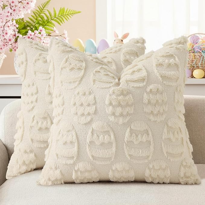 decorUhome Easter Beige Egg Pillow Covers 16x16 Inch Set of 2, Soft Plush Faux by decorUhome