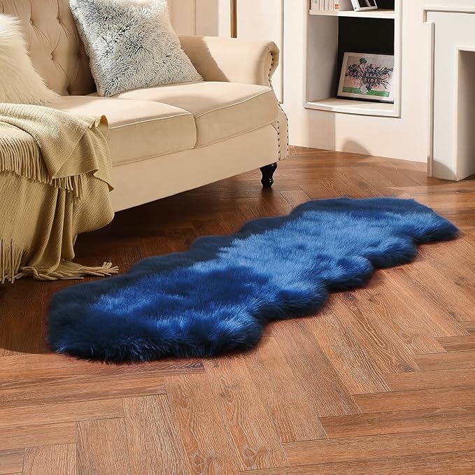 duduta Navy Blue Faux Sheepskin Runner Rugs 2x6 ft, Fluffy Shag Bedroom Bedside - Image 6