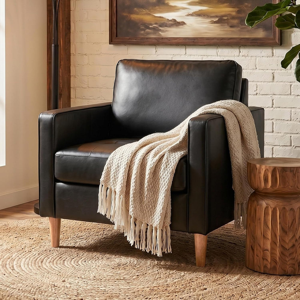 TYBOATLE Black Faux Leather Accent Chairs, Tufted Comfy Armchair (Black, 1)