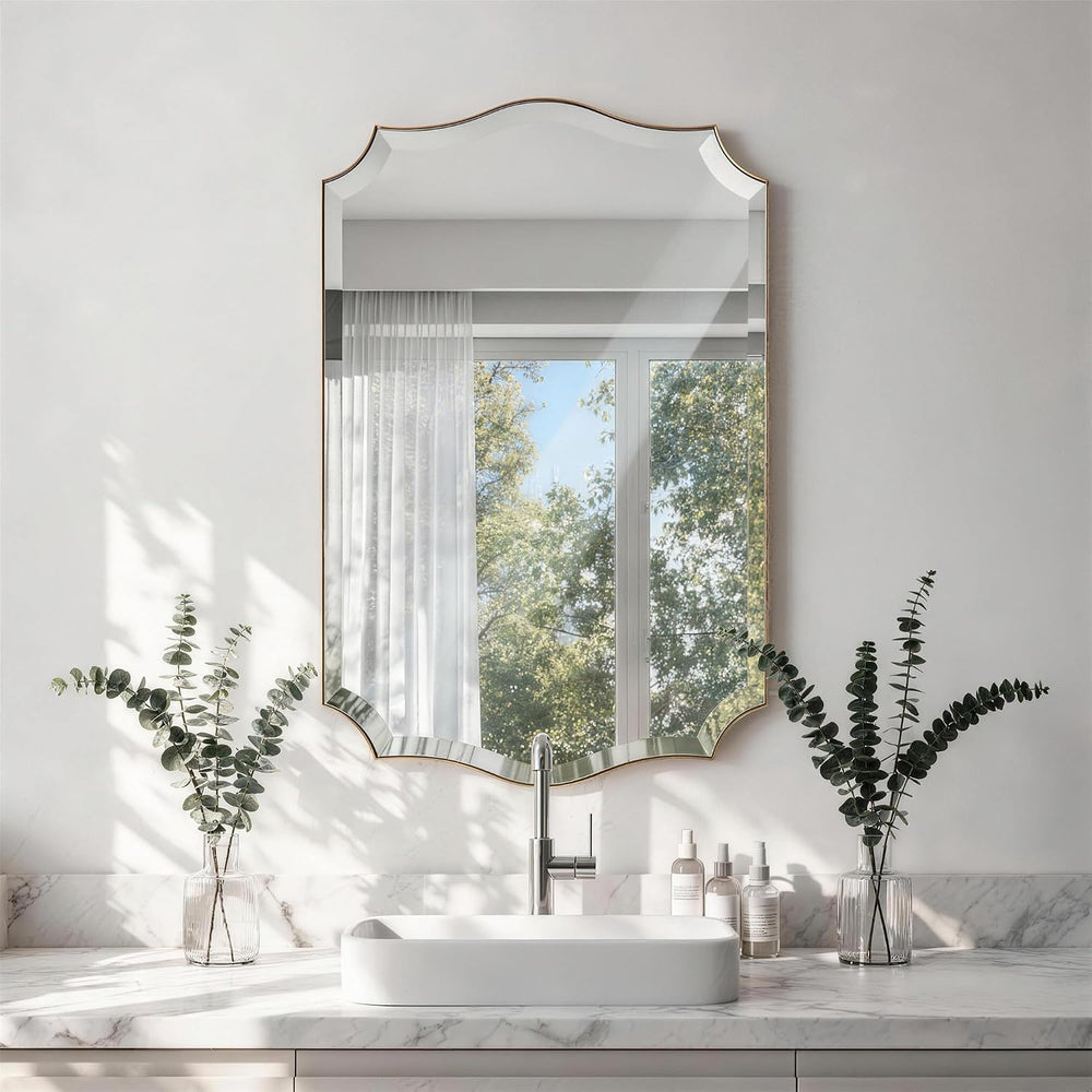 POZINO Scalloped Beveled Mirror 36"x24" Brushed Gold Bathroom Mirror
