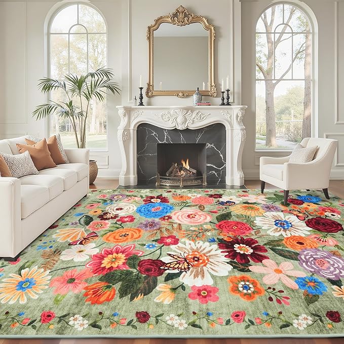 Green Area Rugs 9x12 Living Room Washable Rug Non Slip Floral Low Pile Large Rug by WelcometoBabovid