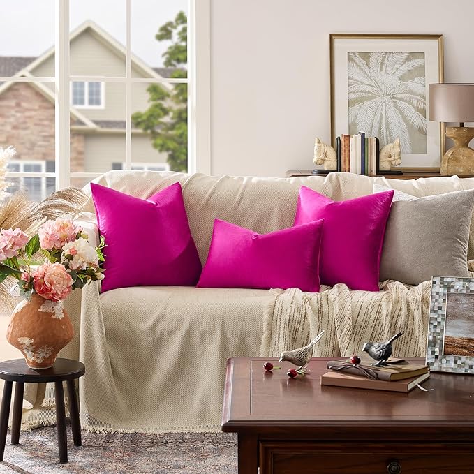 GIGIZAZA Throw Pillow Covers 22x22 Inch Hot Pink Velvet Pillows Decorative - Image 2
