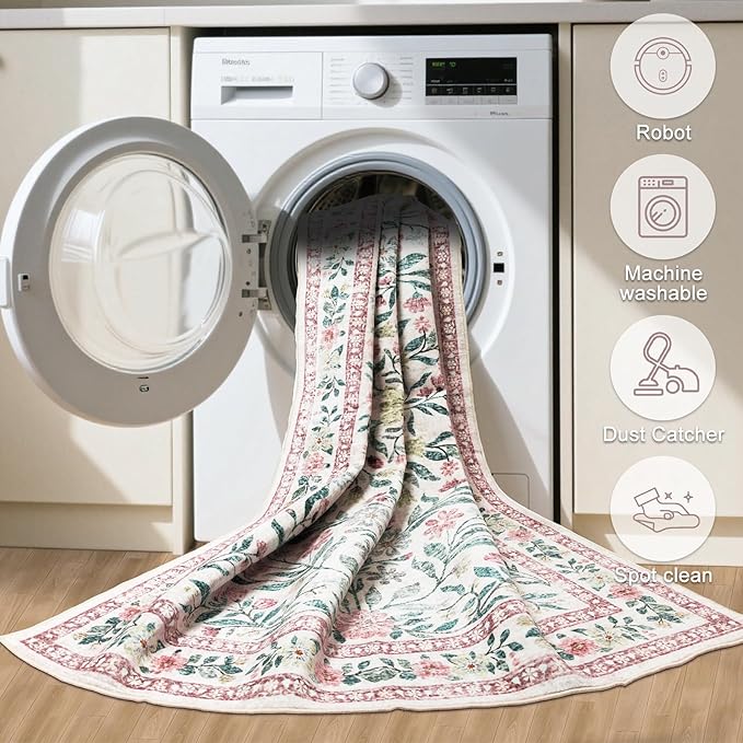 Round Area Rug for Living Room: 4 ft Floral Washable Circle Rug Soft Boho - Image 7